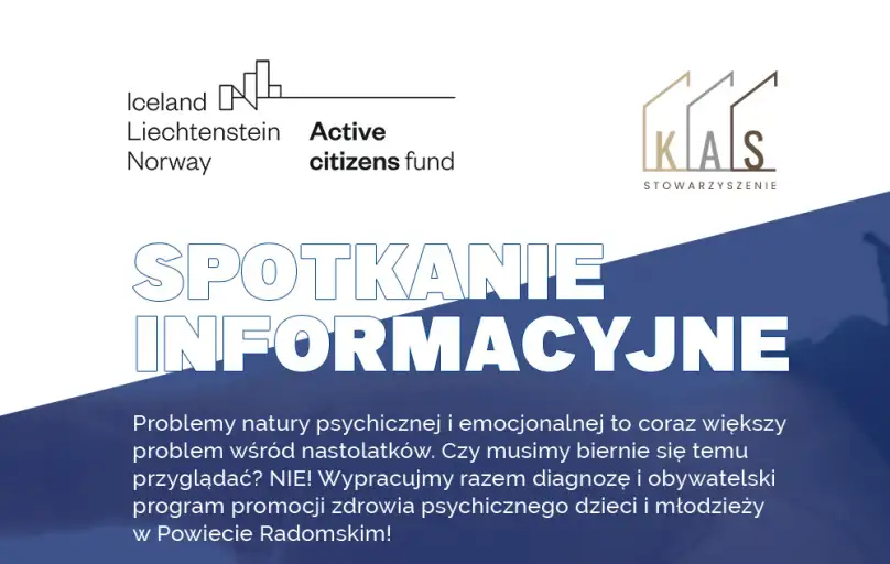 Plakat „Spotkanie informacyjne”: problemy natury psychicznej i emocjonalnej to coraz większy problem wśród nastolatków; wypracujmy razem diagnozę i obywatelski program promocji zdrowia psychicznego dzieci i młodzieży w Powiecie Radomskim